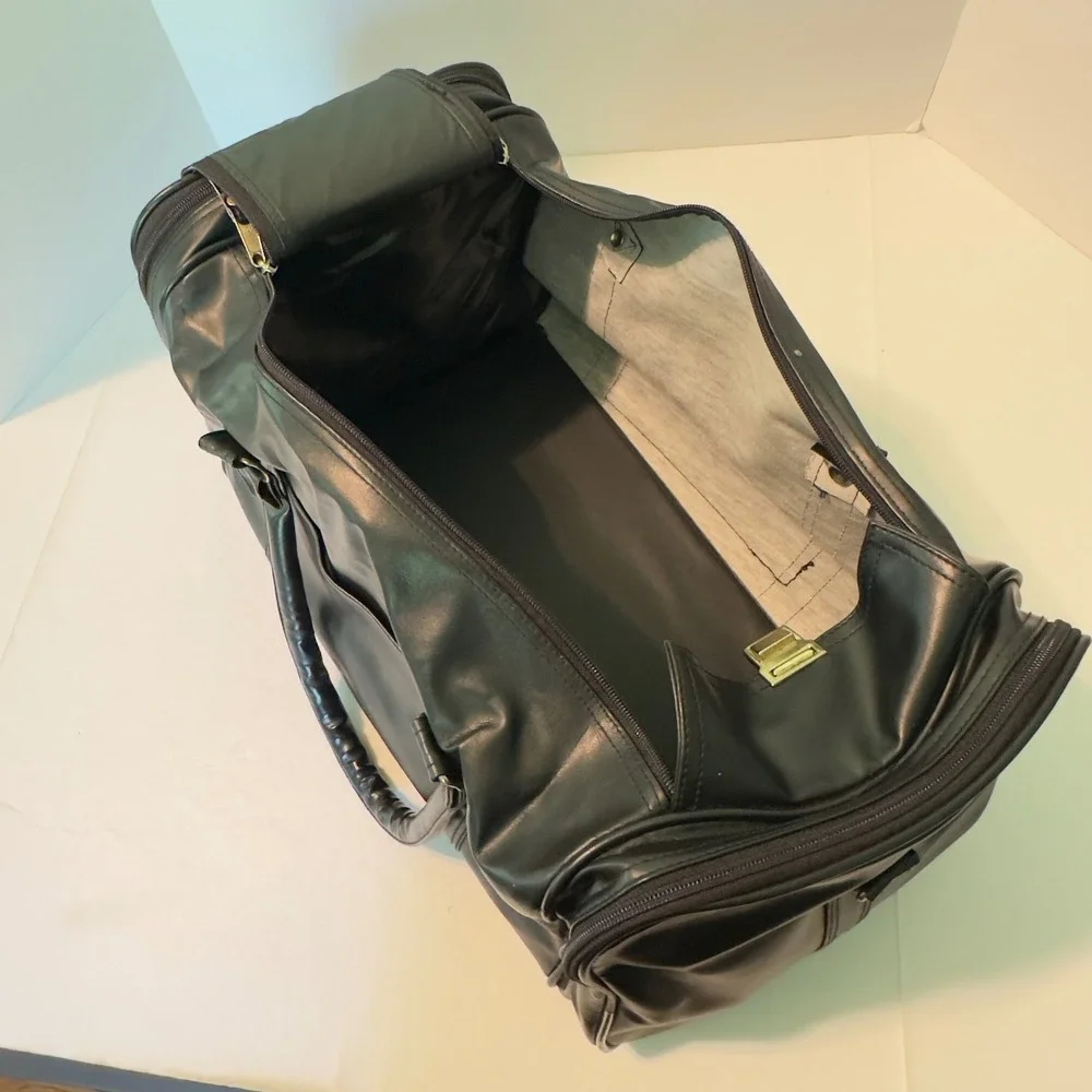 Vintage Coca-Cola Black Faux Leather Duffel Bag Gold Logo Travel Weekender